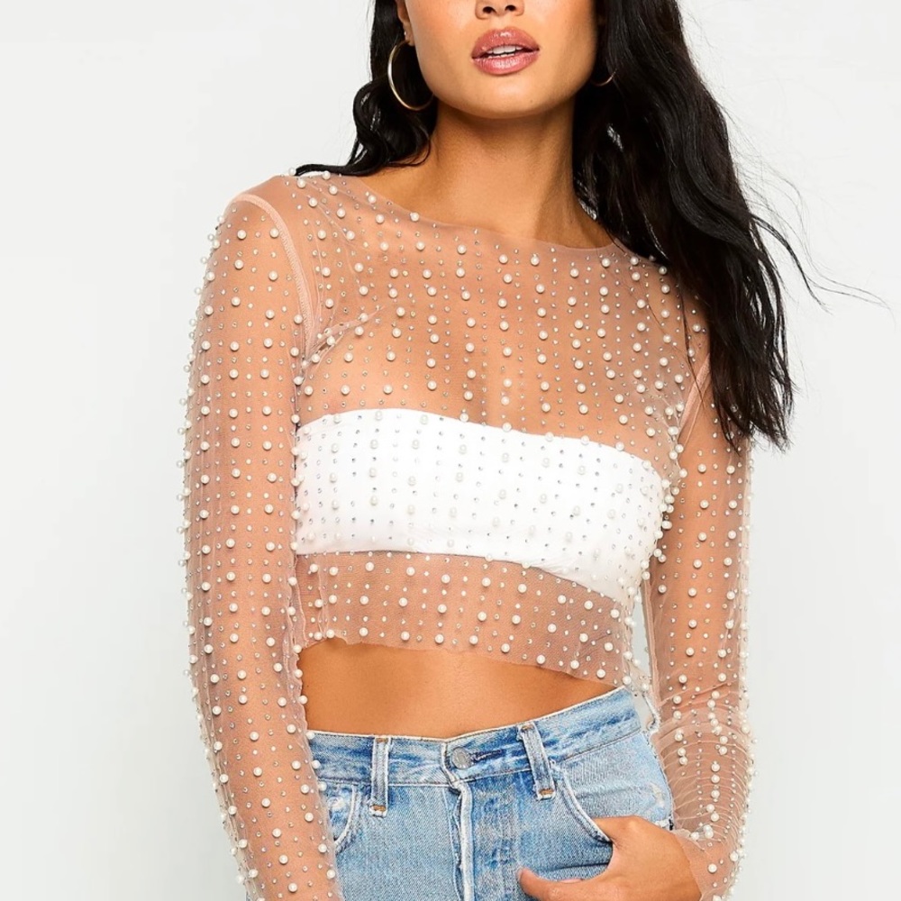 Beach Bunny look and glisten Pearl mesh top in nude.